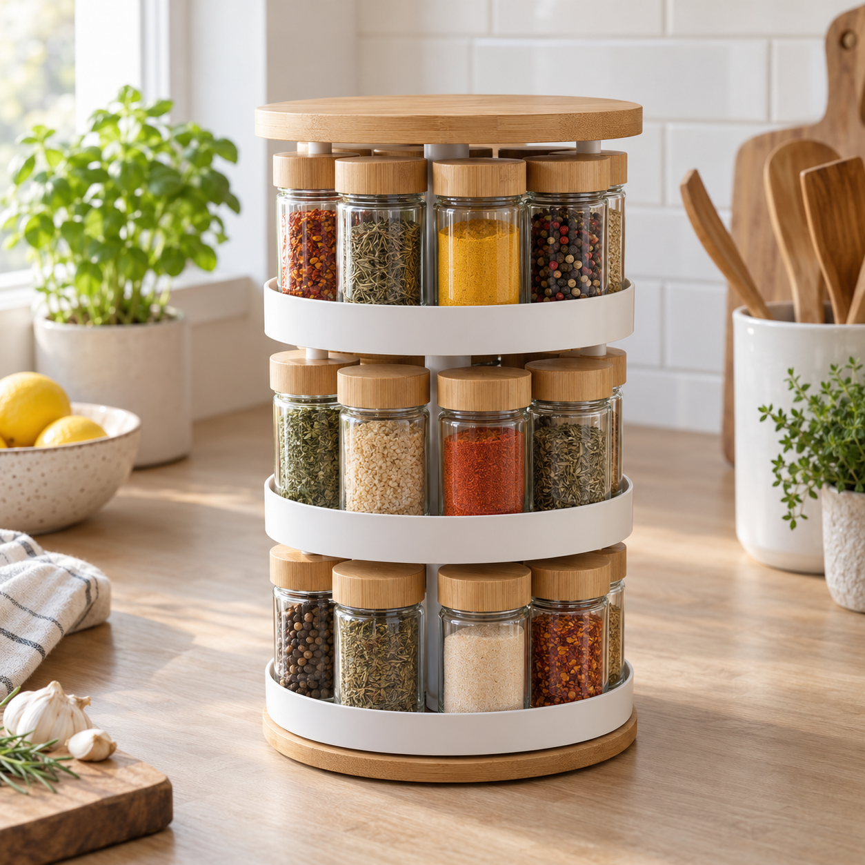 Three-Tier Spice Carousel in a bright kitchen