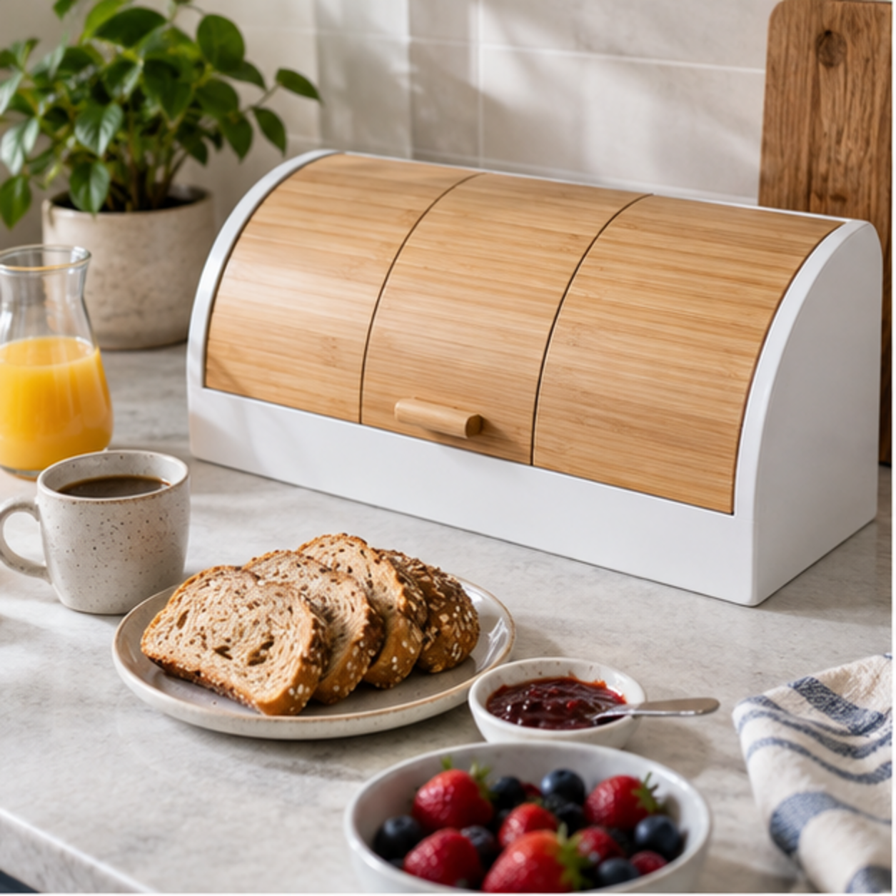 Sectioned Roll-Top Bread Box on a kitchen counter